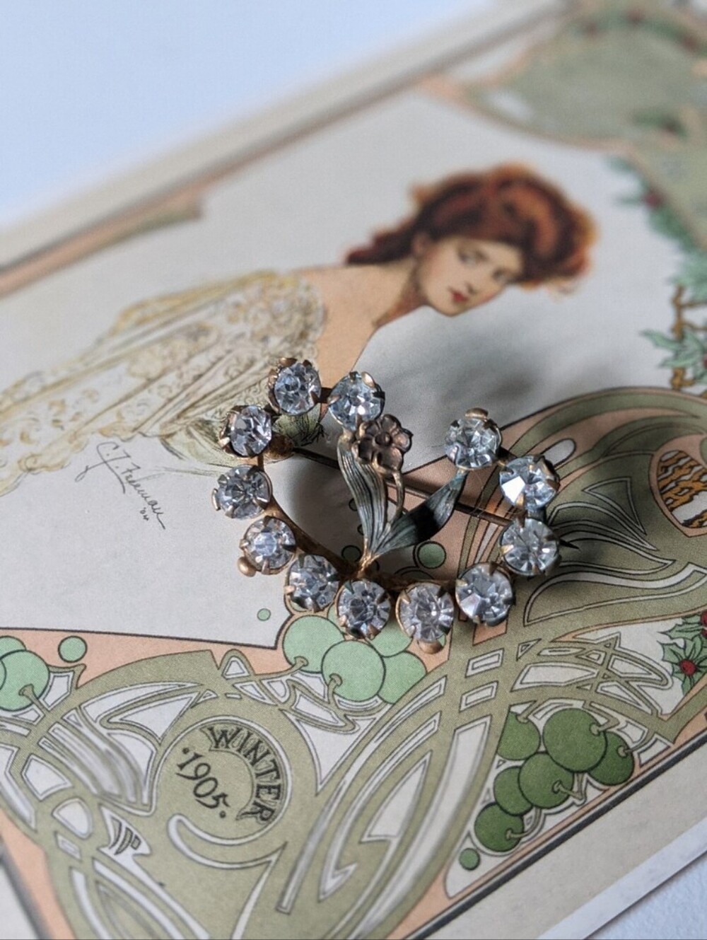 Antique 1900s 1910s Painted Metal + Glass Floral Brooch Pin